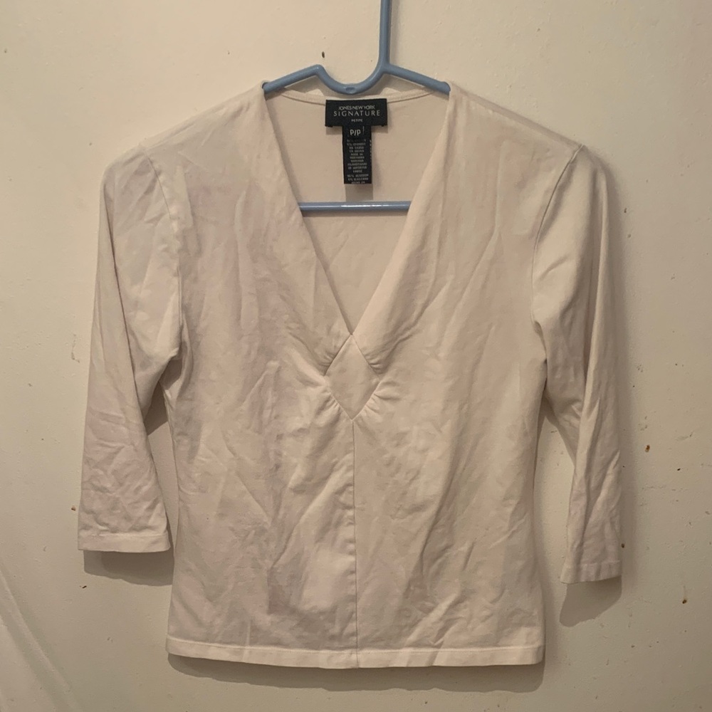 Jones New York Signature Creamy White V-Neck Blouse 95% Cotton 5% Spandex SZ SP